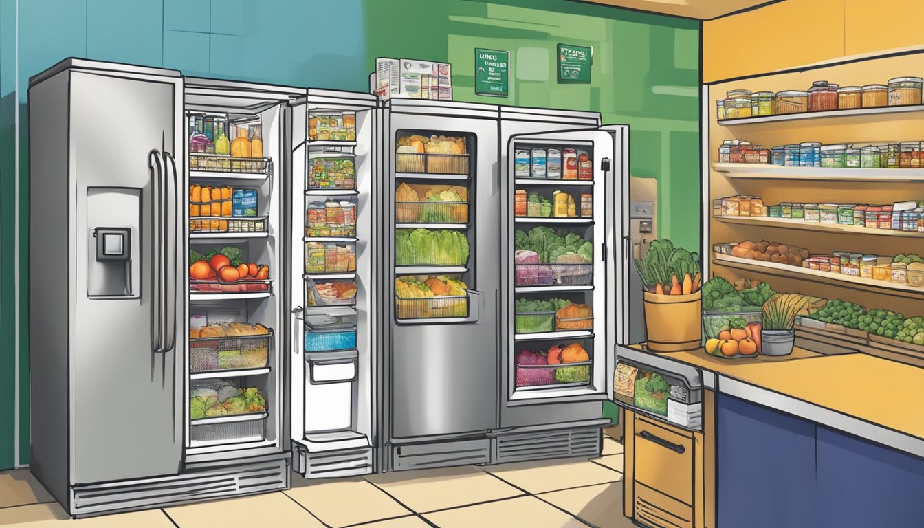 A vibrant local community fridge in Orlando, FL, filled with fresh produce and food items. Nearby, a bulletin board displays various employment and volunteering opportunities