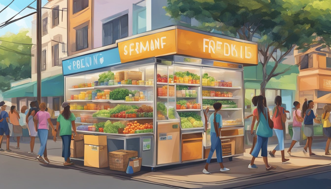 A colorful community fridge stands on a busy Honolulu street, filled with fresh produce and packaged goods. People come and go, adding and taking food