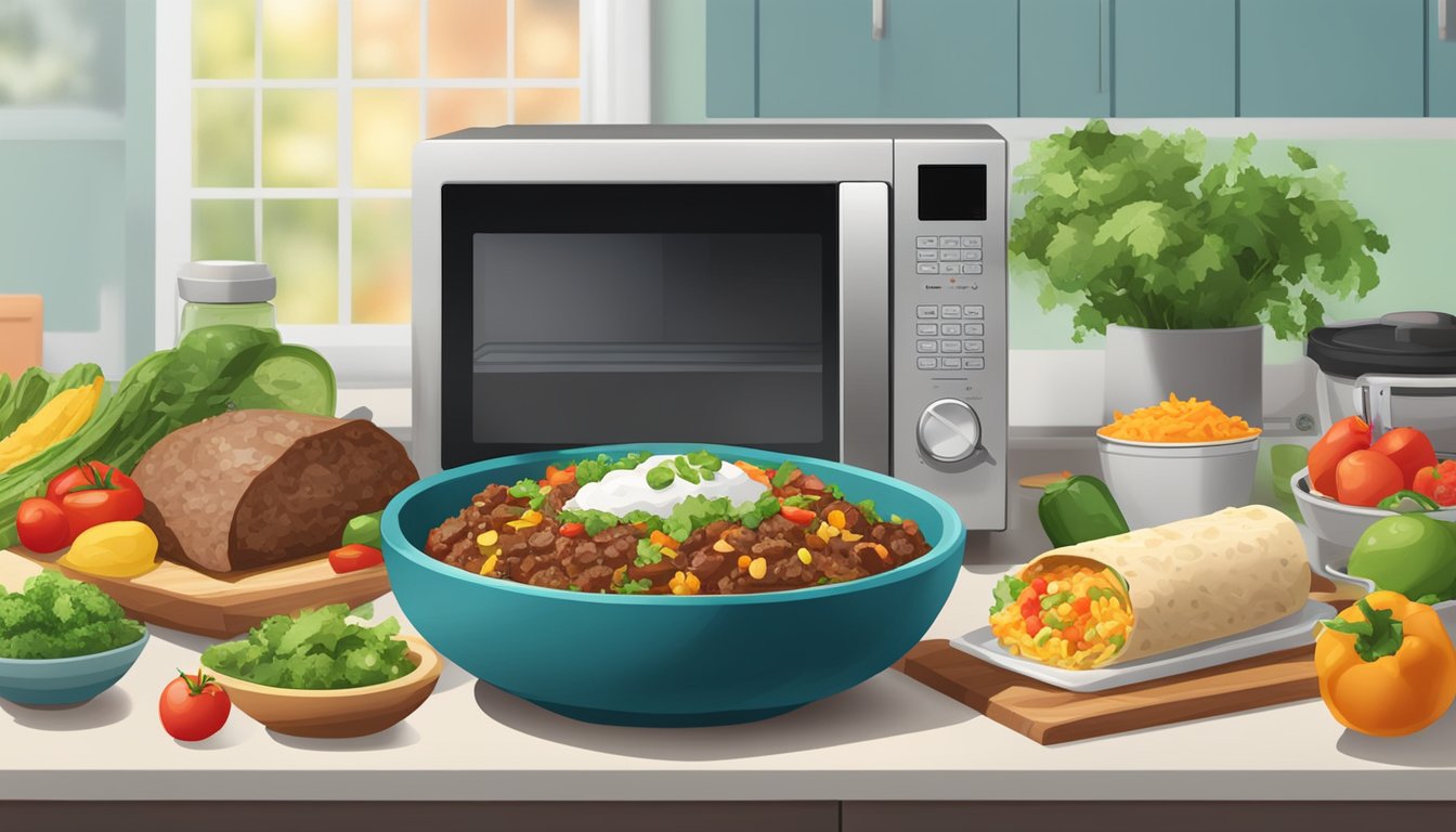 A steaming beef burrito bowl sits on a kitchen counter, surrounded by fresh ingredients and a microwave timer counting down