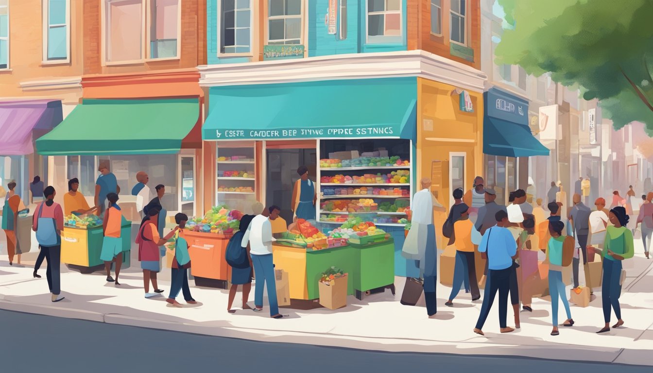 A bustling street corner with a colorful, decorated fridge surrounded by people donating and taking food. Nearby signs promote community support