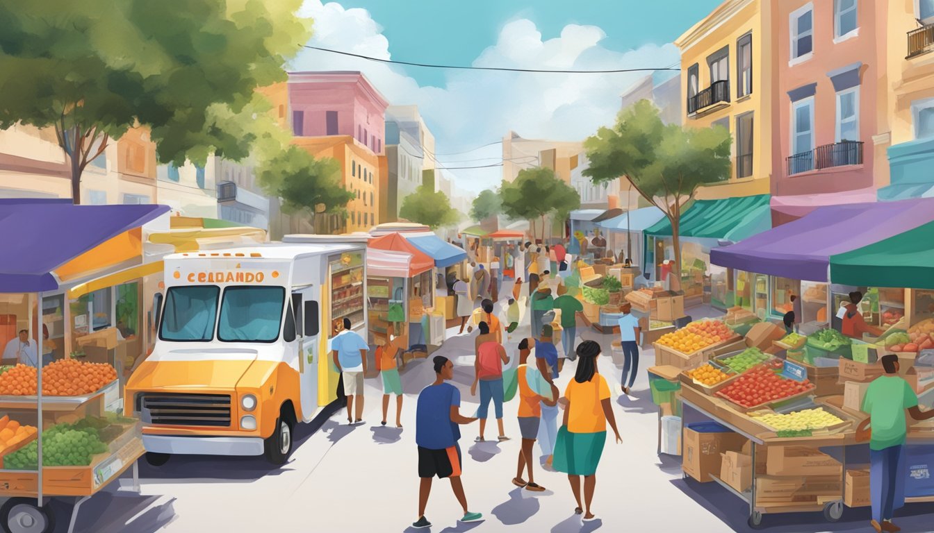 A bustling street in Orlando, Florida, with colorful food trucks and local vendors surrounding a community fridge filled with fresh produce and canned goods