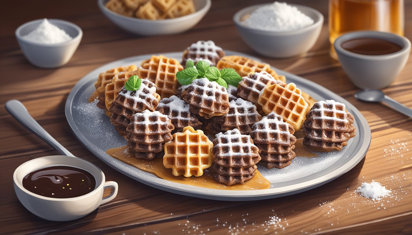 A plate of beef and waffle bites sits on a wooden table, surrounded by a sprinkle of powdered sugar and drizzled with maple syrup