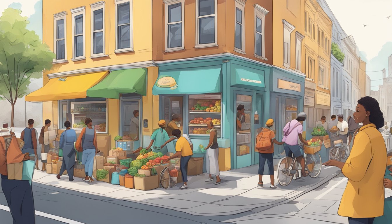 A bustling street corner with a colorful community fridge surrounded by people exchanging food and goods