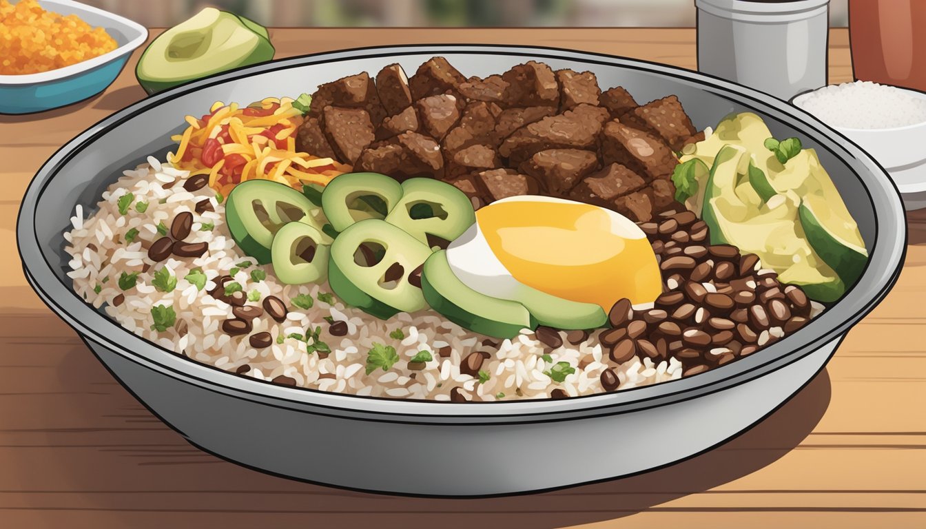 A beef burrito bowl sits on a kitchen counter, covered with a clear lid. The bowl is filled with rice, beans, seasoned beef, and various toppings