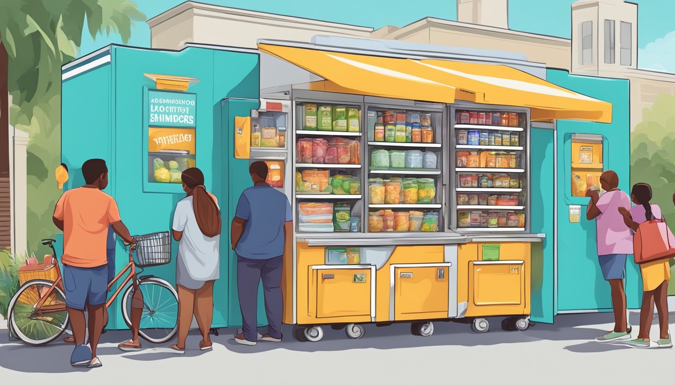 A colorful local community fridge surrounded by people donating and taking food items in Orlando, FL