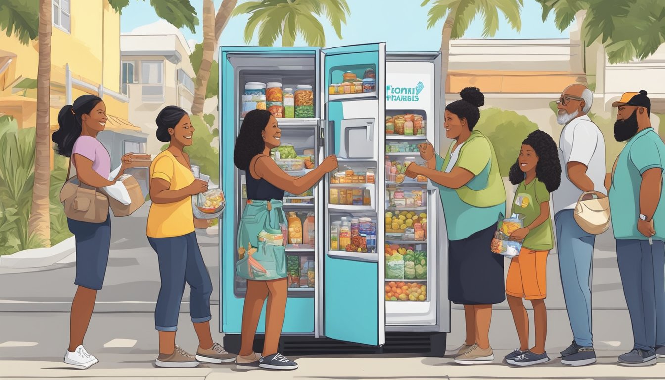 A diverse group of people from different backgrounds and ages are seen contributing food items to a brightly decorated community fridge located in a bustling neighborhood in Honolulu