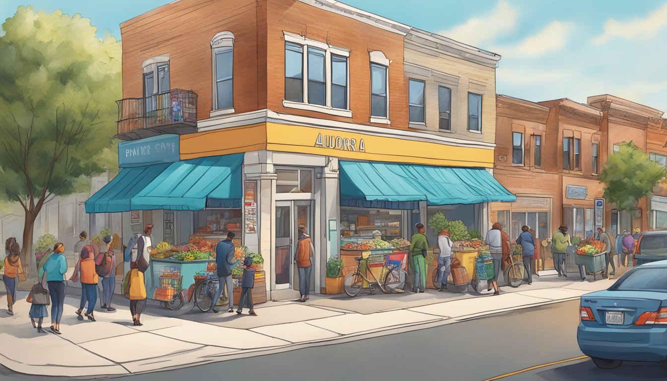 A bustling street corner in Aurora, Illinois, with a colorful community fridge adorned with local artwork and surrounded by people dropping off and picking up food