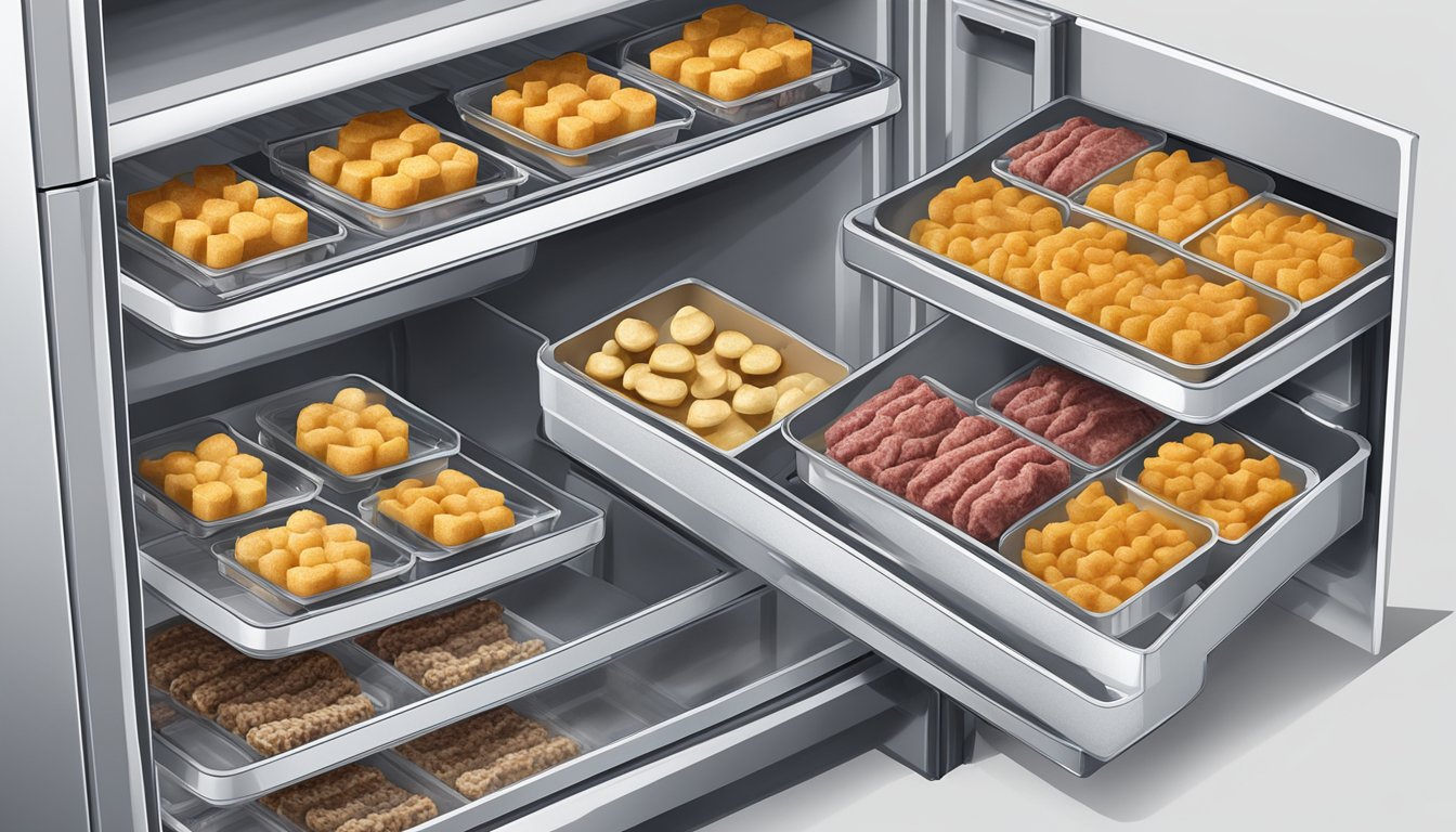 A refrigerator with neatly organized compartments holding sealed containers of beef and waffle bites, with labels indicating the date of storage