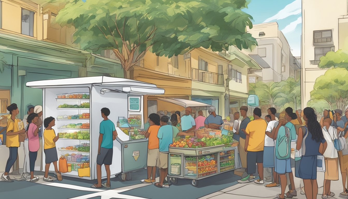 A bustling Honolulu street with a colorful community fridge surrounded by people donating and taking food. Nearby, a group discusses sustainable practices