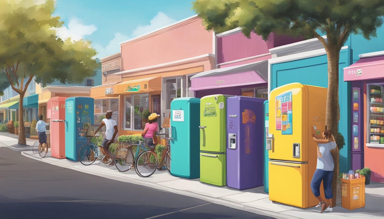 A colorful community fridge stands in a vibrant Orlando neighborhood, surrounded by diverse local businesses and residents