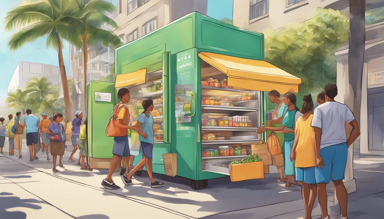 A bright, bustling Honolulu street with a colorful local community fridge surrounded by people coming together to donate and receive food