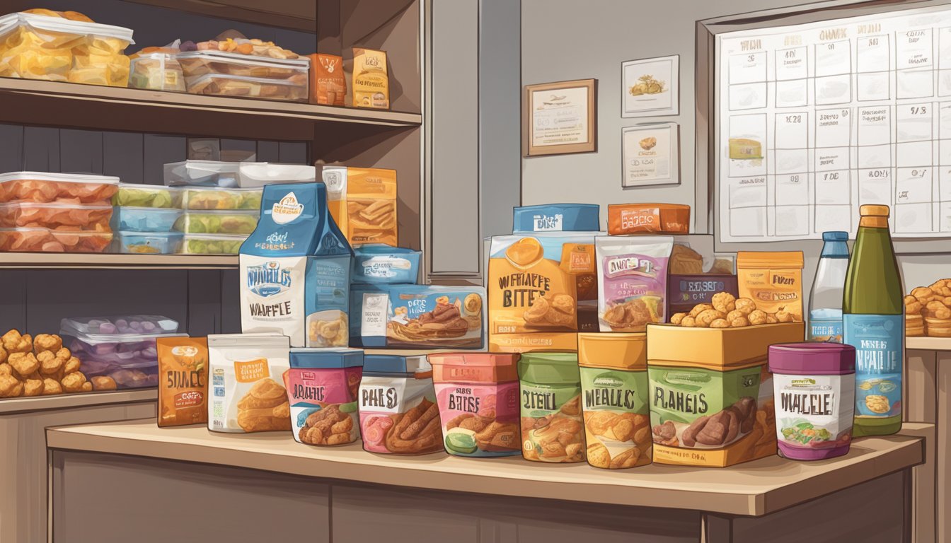 A package of beef and waffle bites sits on a shelf, surrounded by a variety of food items. A calendar on the wall marks the current date