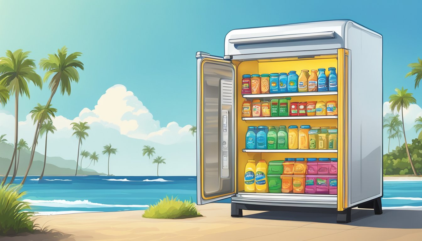 A brightly colored community fridge stands against a backdrop of palm trees and a clear blue sky in Honolulu, Hawaii