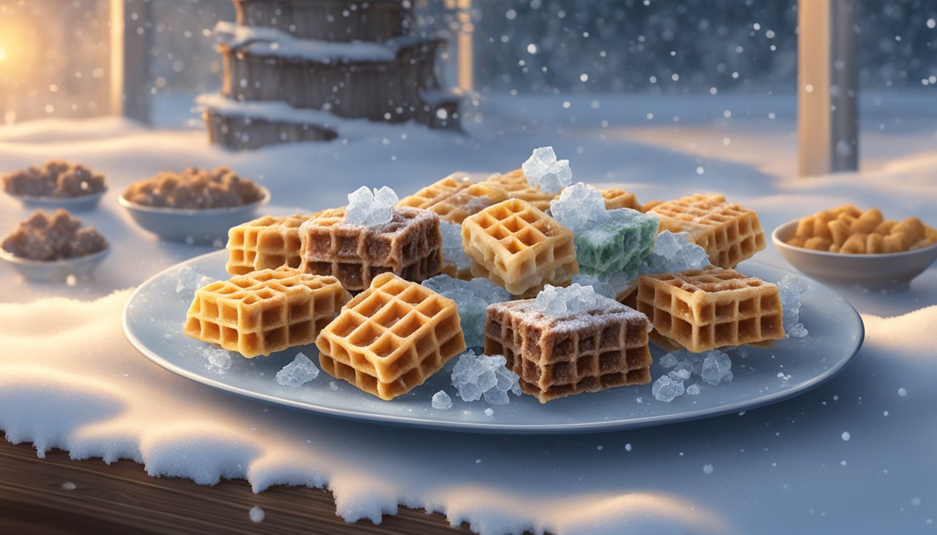 A plate of beef and waffle bites sits in a freezer, surrounded by frost. Ice crystals form on the food, emphasizing the cold environment