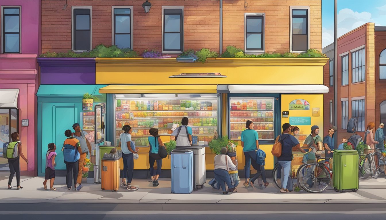 The bustling Aurora Community fridge, surrounded by diverse local residents, with a backdrop of colorful murals and vibrant street art