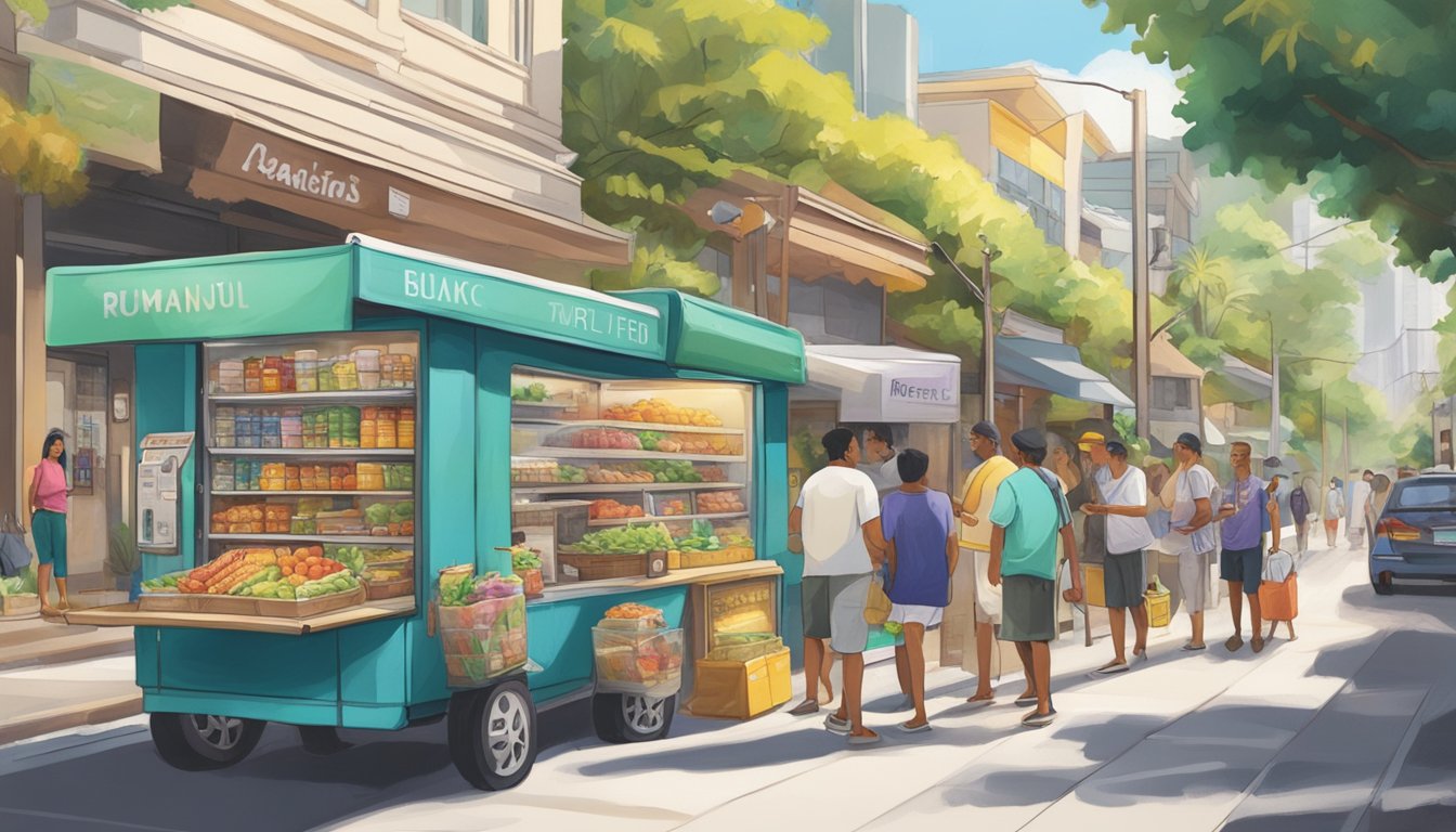 A bustling street in Honolulu with a colorful community fridge surrounded by locals exchanging food and goods