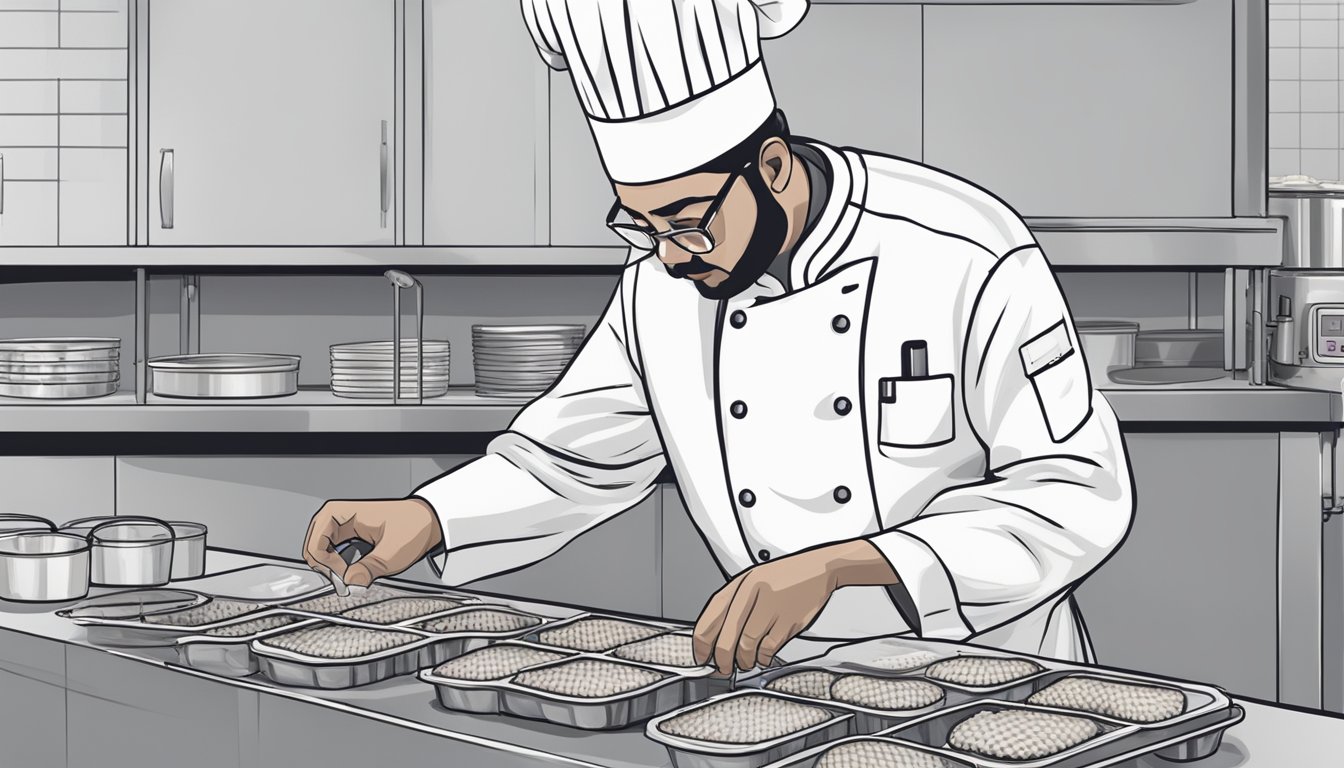 A chef in a clean kitchen checks the expiration date on a package of beef and waffle bites. Quality control equipment is visible