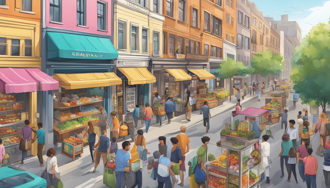 A bustling city street with a colorful and well-stocked community fridge surrounded by people coming and going, exchanging food and goods