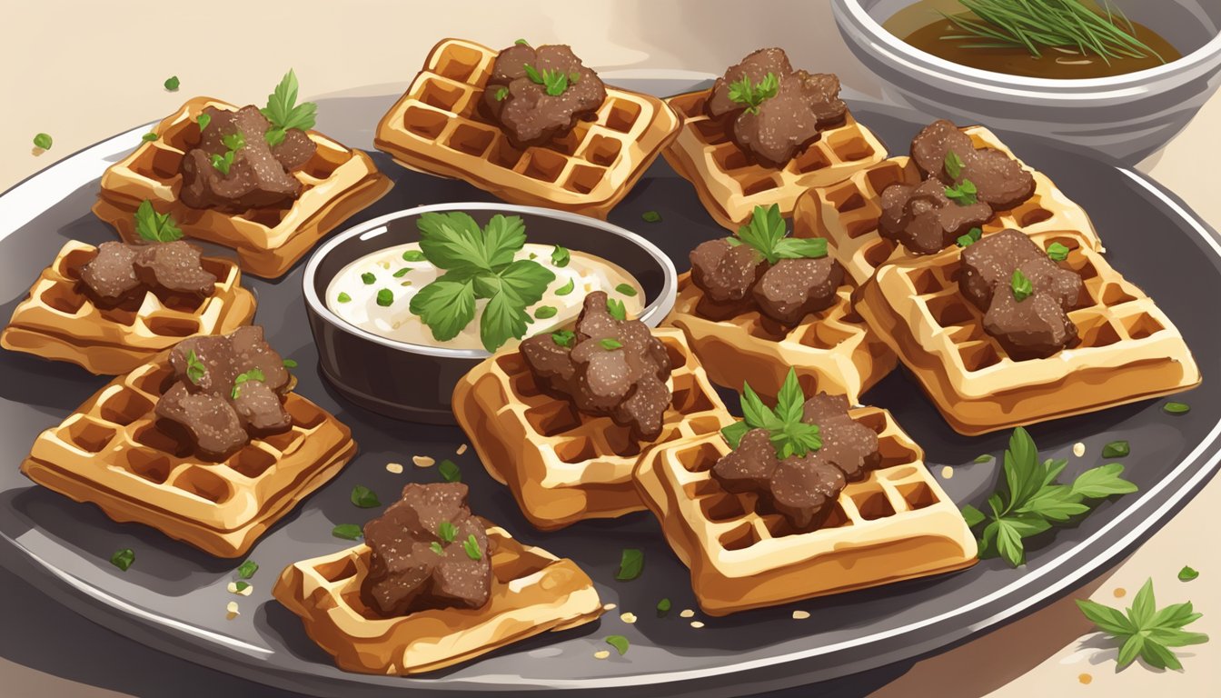 A plate of crispy waffle bites topped with savory beef, surrounded by a drizzle of sweet maple syrup and a sprinkle of fresh herbs