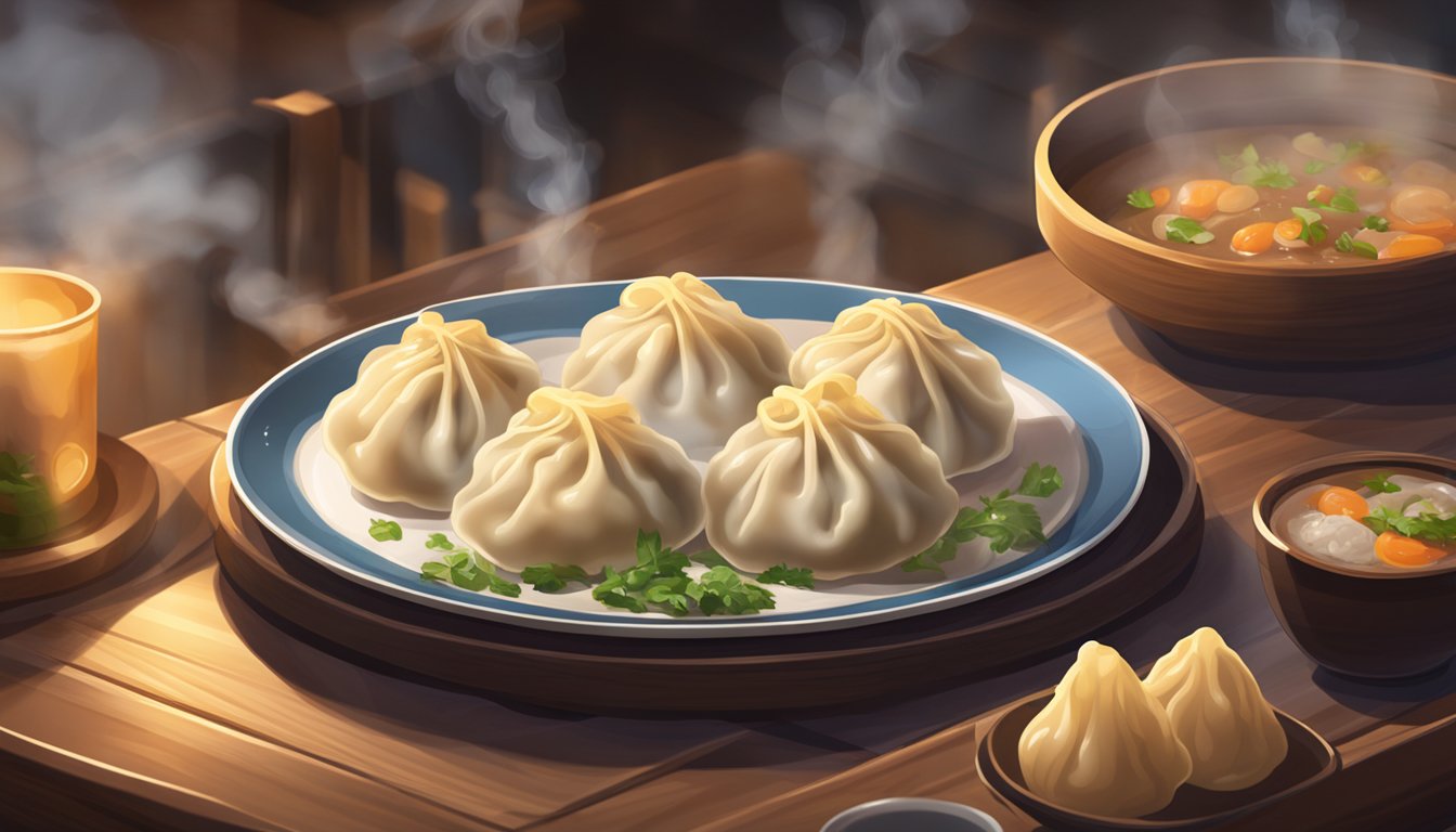 A plate of beef dumplings sits on a wooden table, steam rising from the freshly cooked dumplings. The room is cozy, with soft lighting and a hint of savory aroma in the air