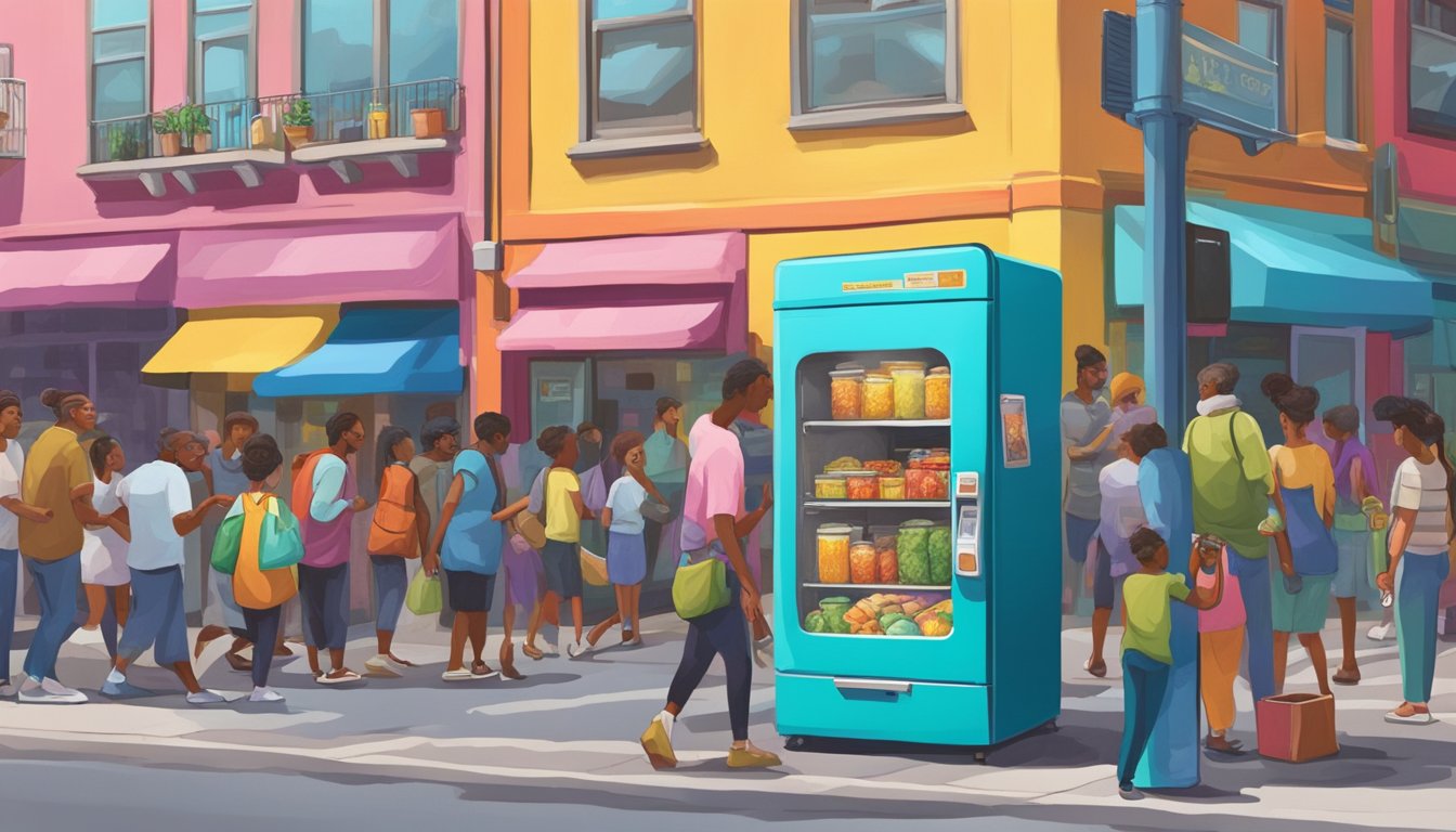 A brightly painted community fridge stands on a busy street corner, surrounded by colorful murals and bustling with people dropping off and picking up food