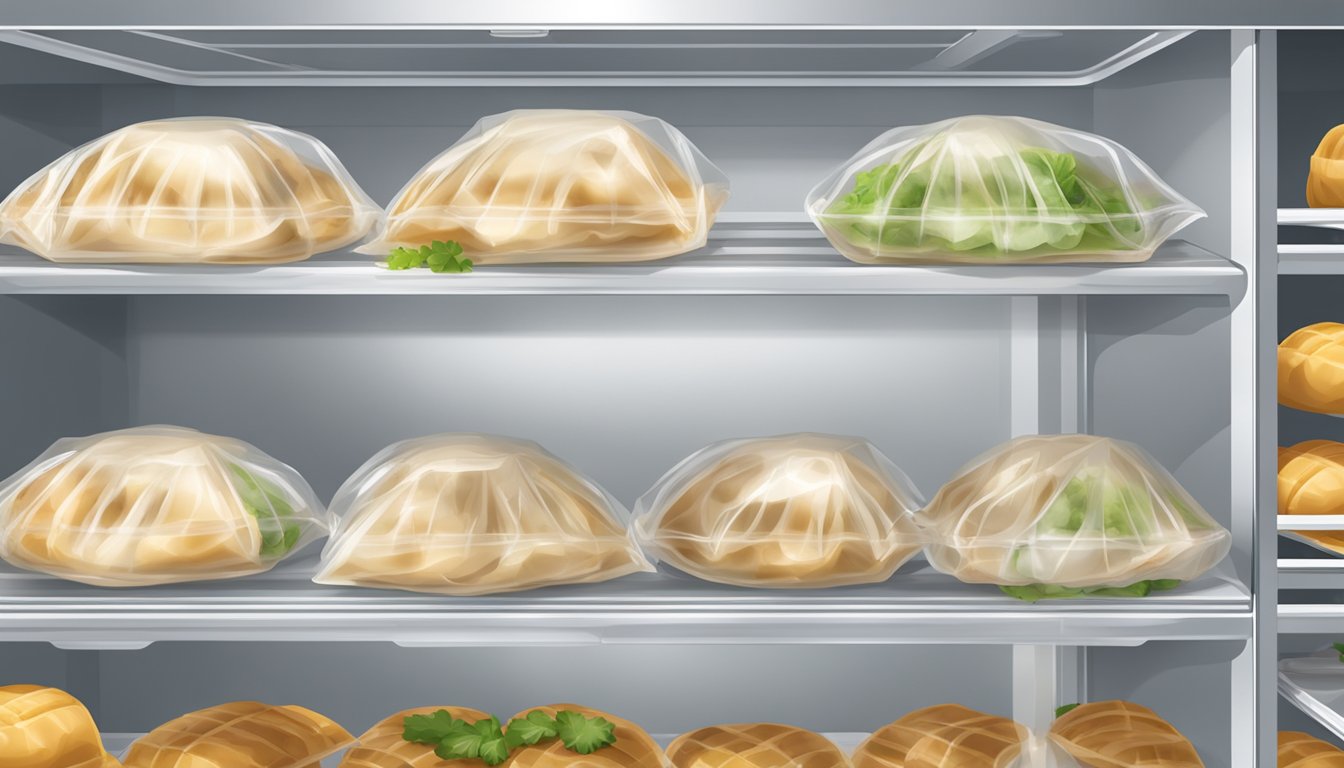 Beef dumplings wrapped in plastic, placed in a refrigerator