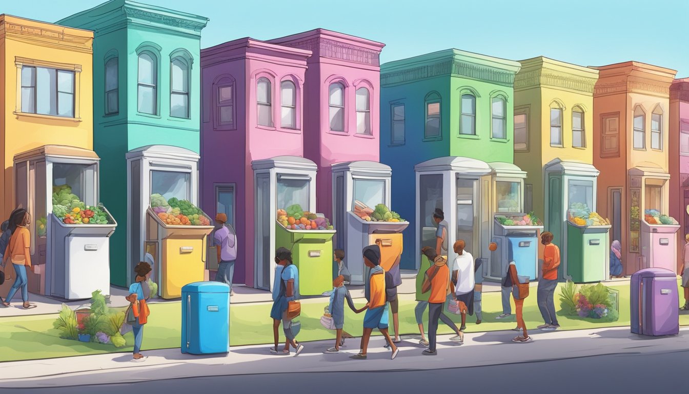 A row of colorful community fridges nestled within a vibrant neighborhood, surrounded by a diverse array of people coming to donate and collect food