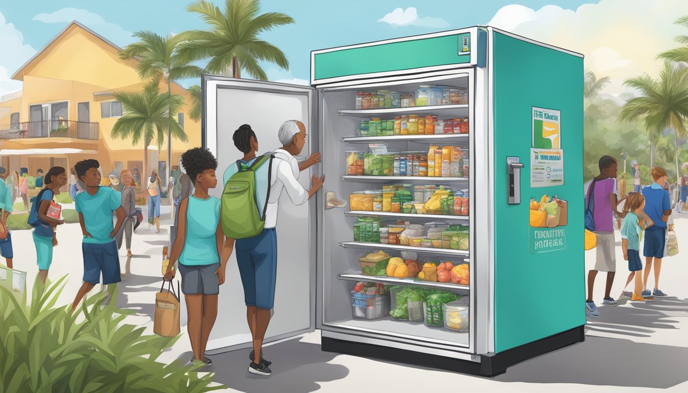 A bustling community fridge surrounded by volunteers and educational resources in Pompano Beach, FL