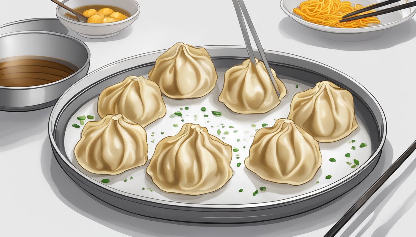 A plate of beef dumplings sits on a clean, white surface. The dumplings are freshly cooked and steaming, with a golden brown exterior. A food thermometer is nearby, indicating the safe internal temperature for consumption