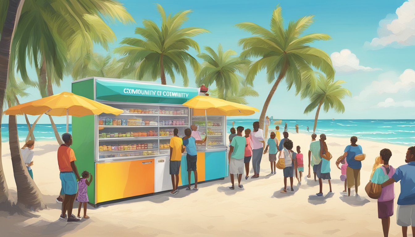 A colorful community fridge surrounded by people donating and taking food, with a backdrop of palm trees and a sunny beach in Pompano Beach, FL