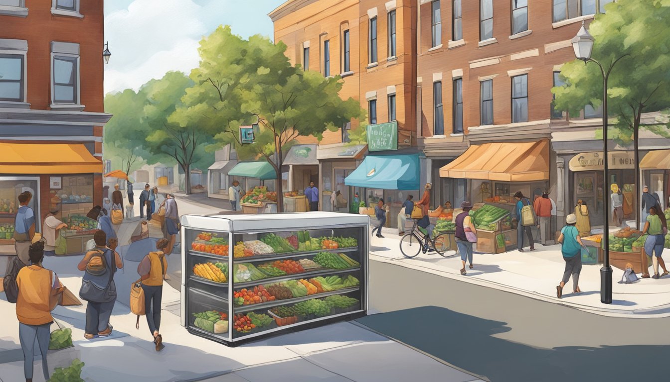 A bustling street corner in Joliet, IL, with a colorful community fridge adorned with fresh produce, canned goods, and a steady stream of people coming and going