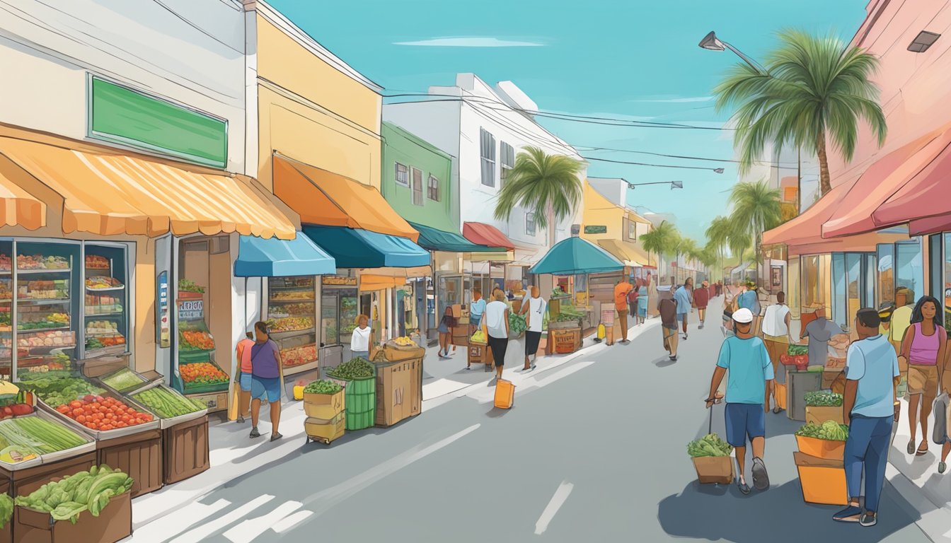 A bustling street in Pompano Beach, FL lined with colorful local businesses, with a community fridge at the center, filled with fresh produce and food items