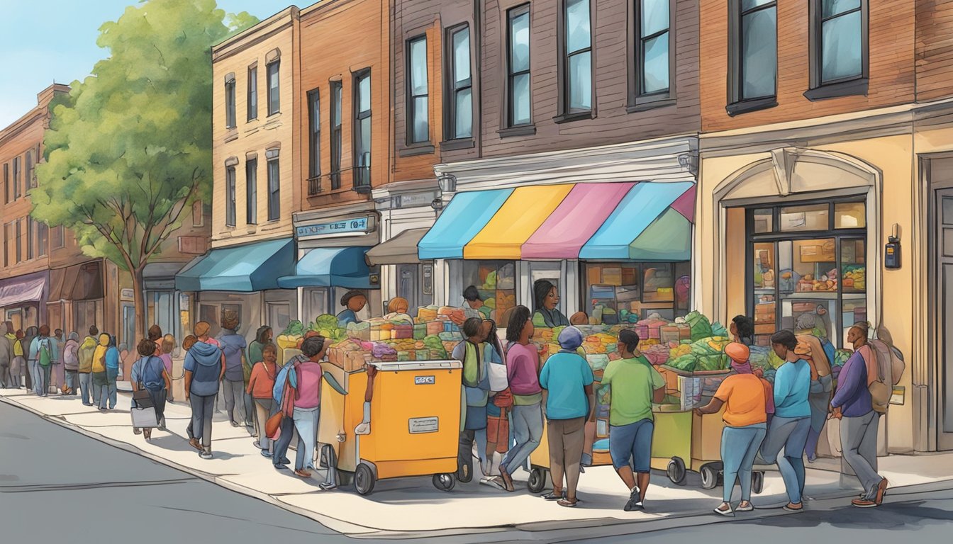 A bustling street in Joliet, IL with a colorful community fridge surrounded by people donating and taking food