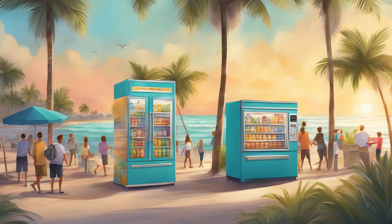 A vibrant beach scene with a local community fridge surrounded by palm trees and people enjoying the Pompano Beach lifestyle