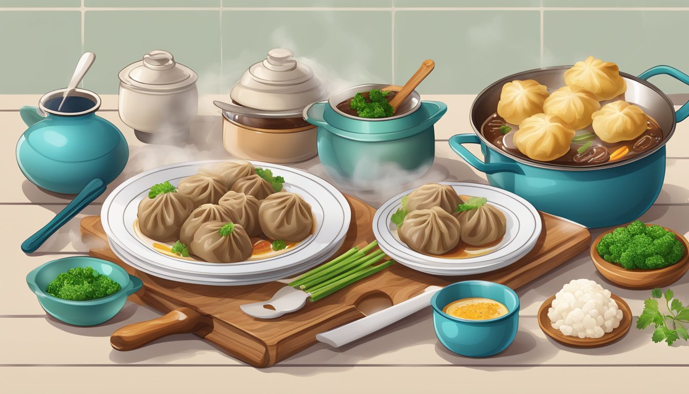 A table set with steaming beef dumplings and recipe books, surrounded by colorful ingredients and cooking utensils