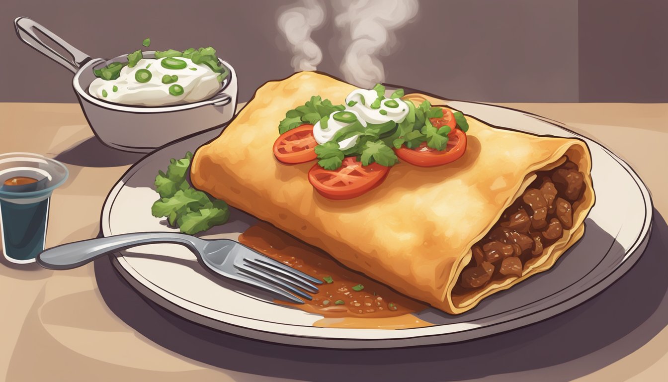 A sizzling beef chimichanga sits on a plate, steam rising from the crispy exterior. A fork hovers above, ready to dig in