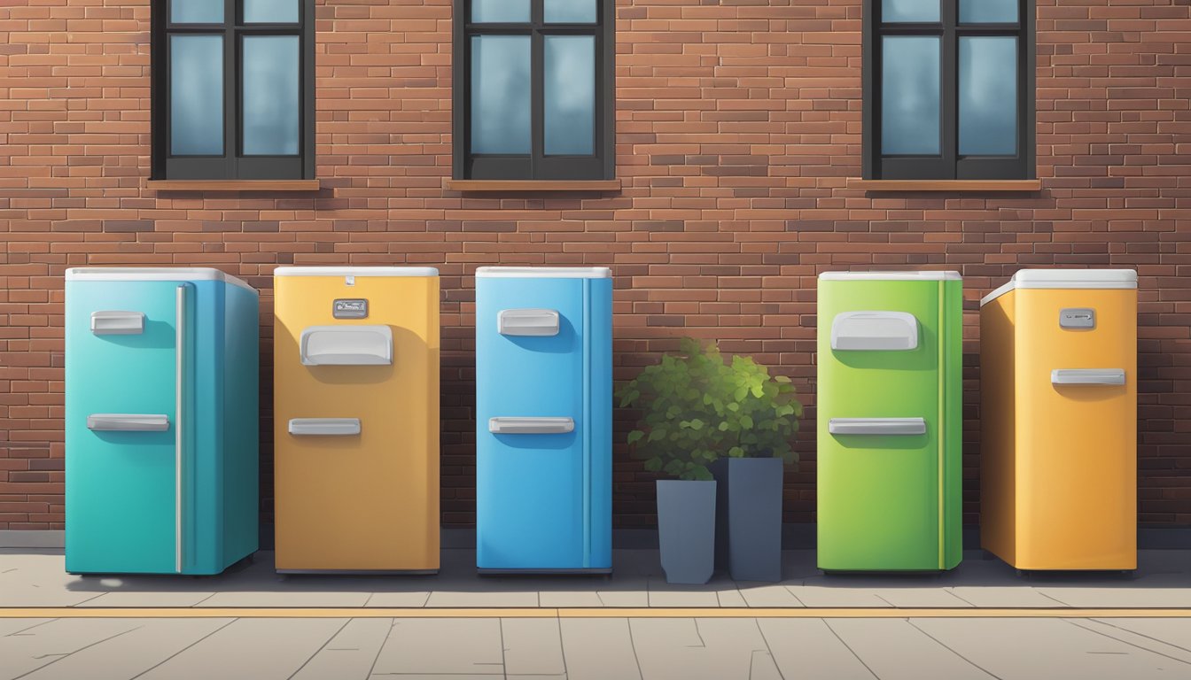 A row of colorful community fridges lined up against a brick wall in Joliet, IL, with people approaching to donate and take food