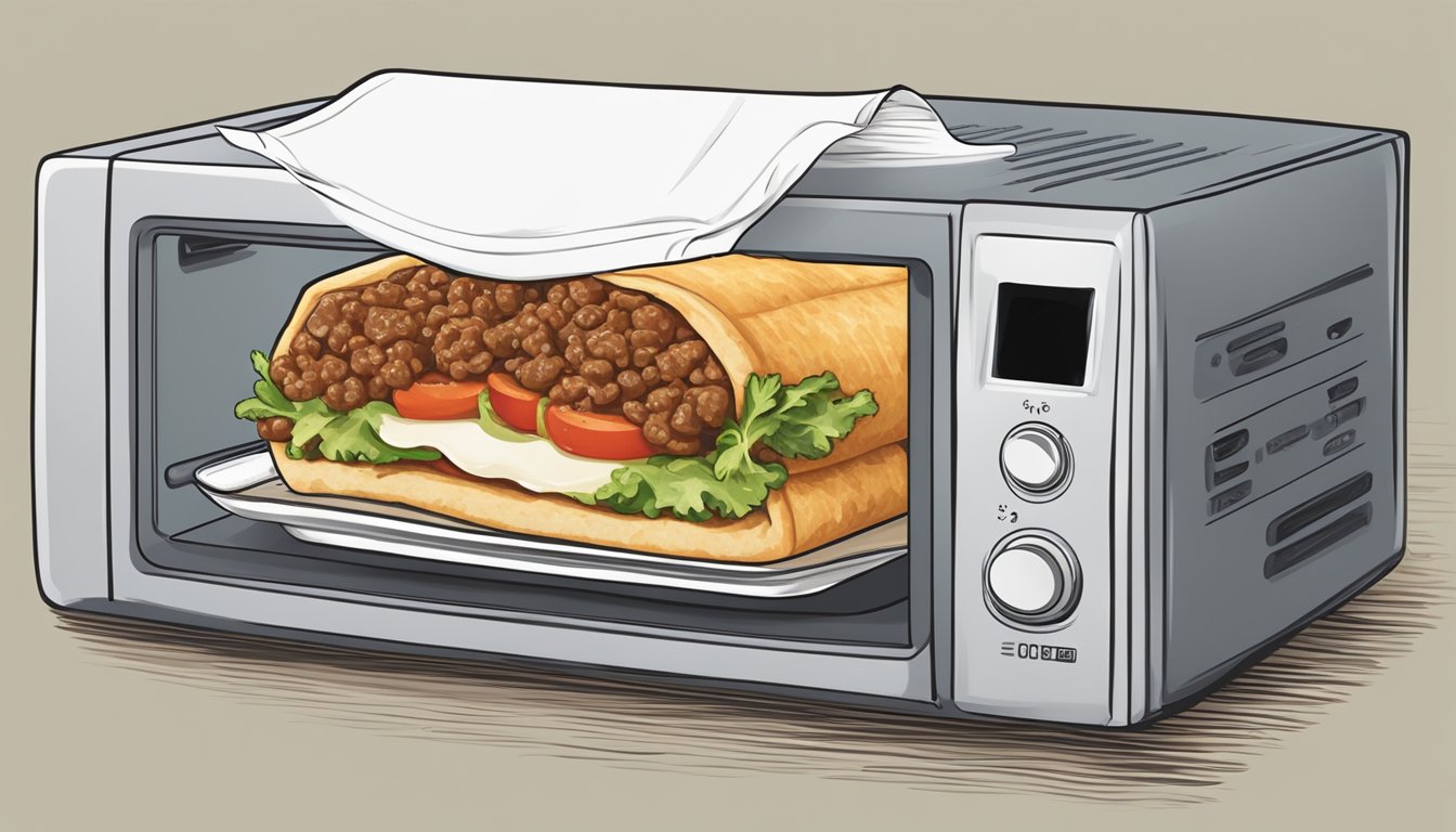 A beef chimichanga sits on a microwave-safe plate, covered with a paper towel. The microwave's digital display shows the time counting down as the chimichanga heats up