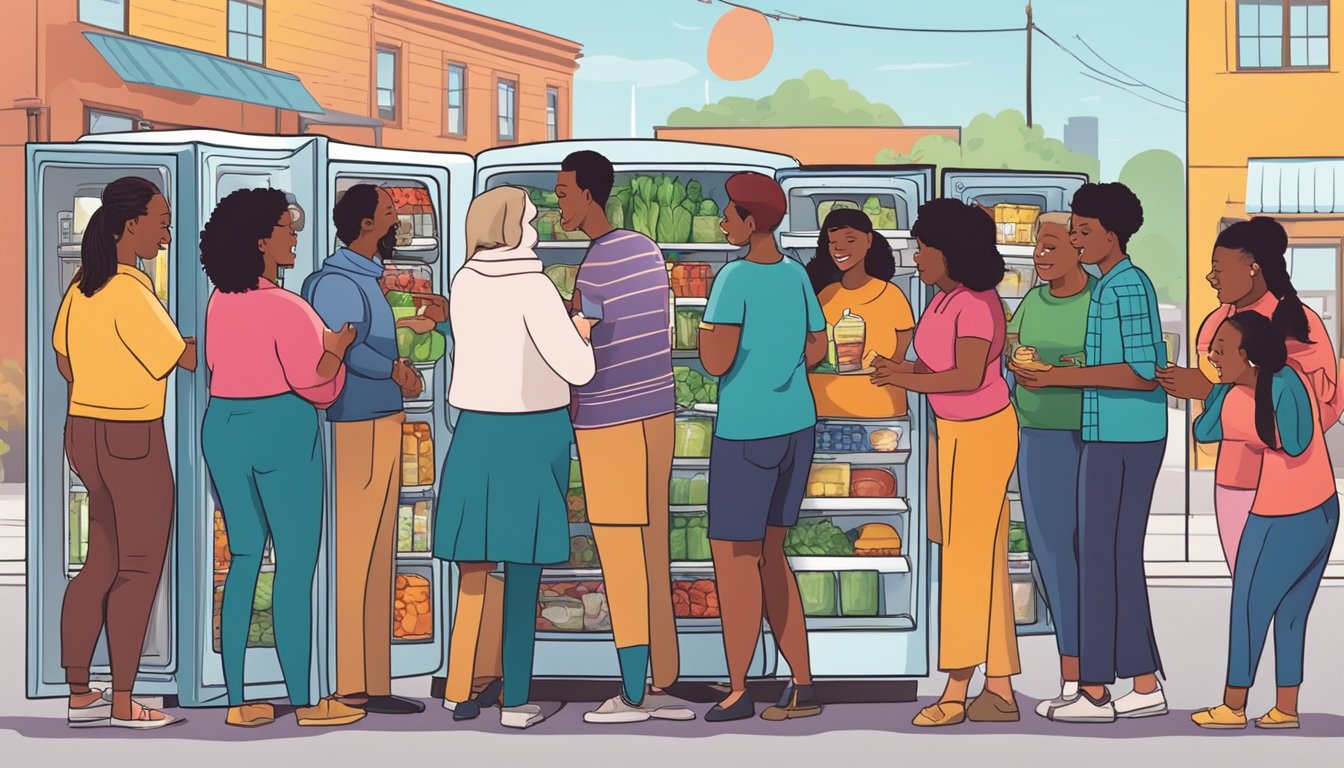 A diverse group of people from the Joliet community gather around a brightly colored, well-stocked community fridge, happily exchanging food items and sharing conversation