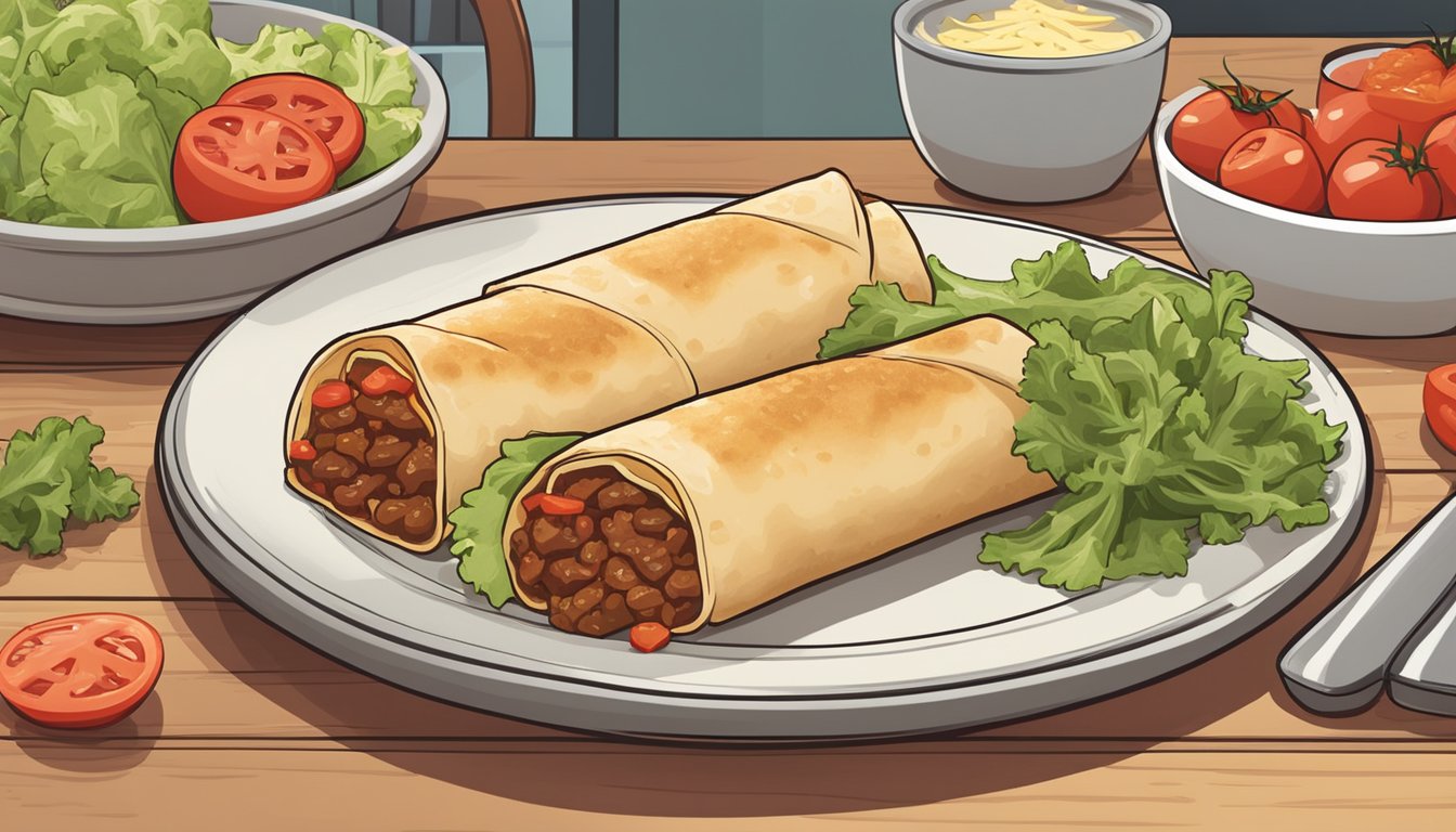 A plate of beef chimichangas sits on a kitchen counter, surrounded by ingredients like tomatoes, lettuce, and cheese. The chimichangas appear freshly cooked and ready to be served