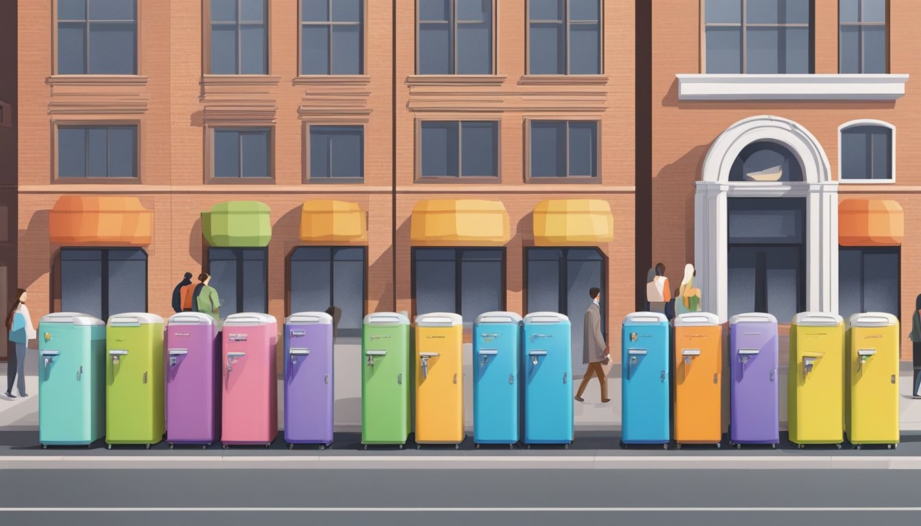 A row of colorful community fridges lined up on a city sidewalk, with people coming and going to donate or take food