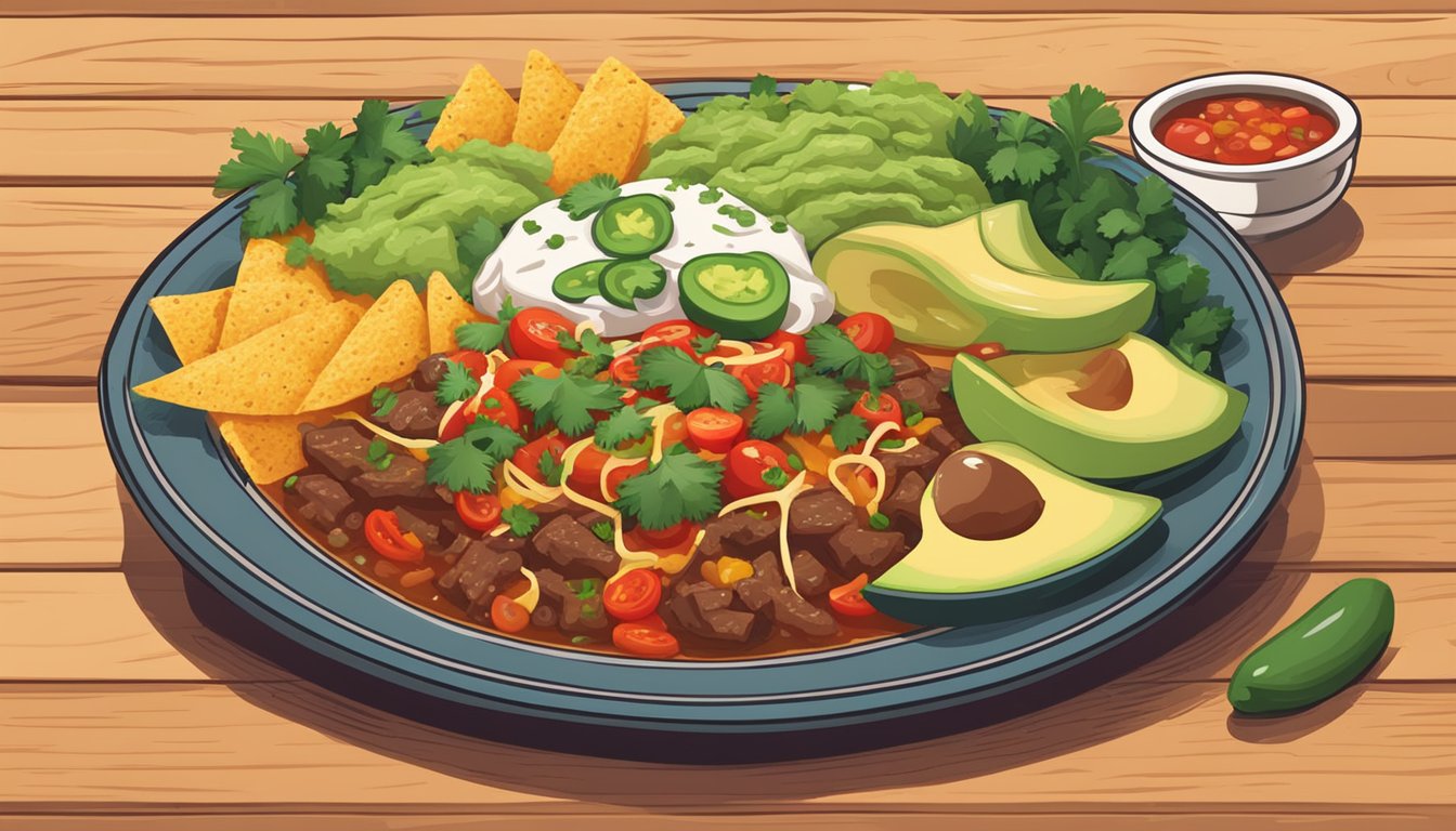 A steaming beef enchilada bowl sits on a rustic wooden table, surrounded by vibrant ingredients like tomatoes, avocado, and cilantro