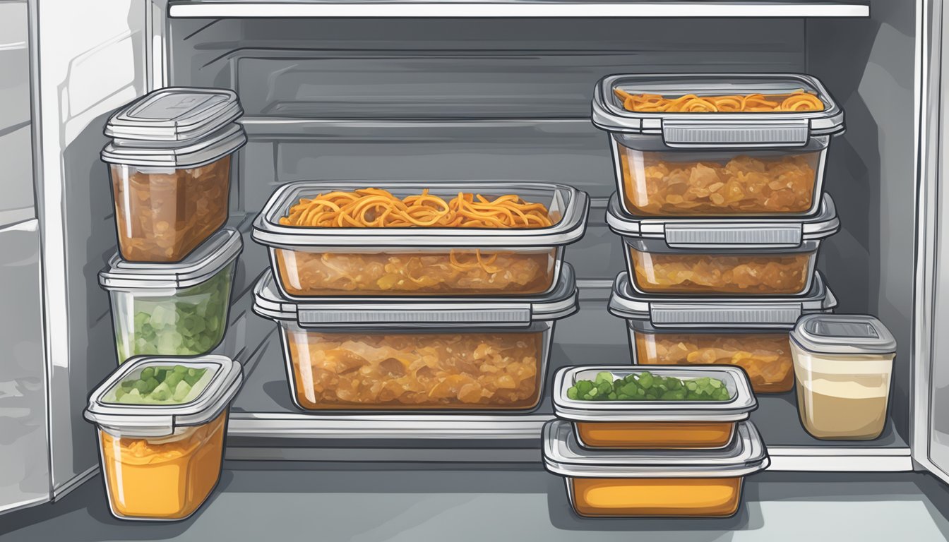 A sealed container of beef enchilada bowls sits in a refrigerator next to other meal prep containers. The date of preparation is written on a label