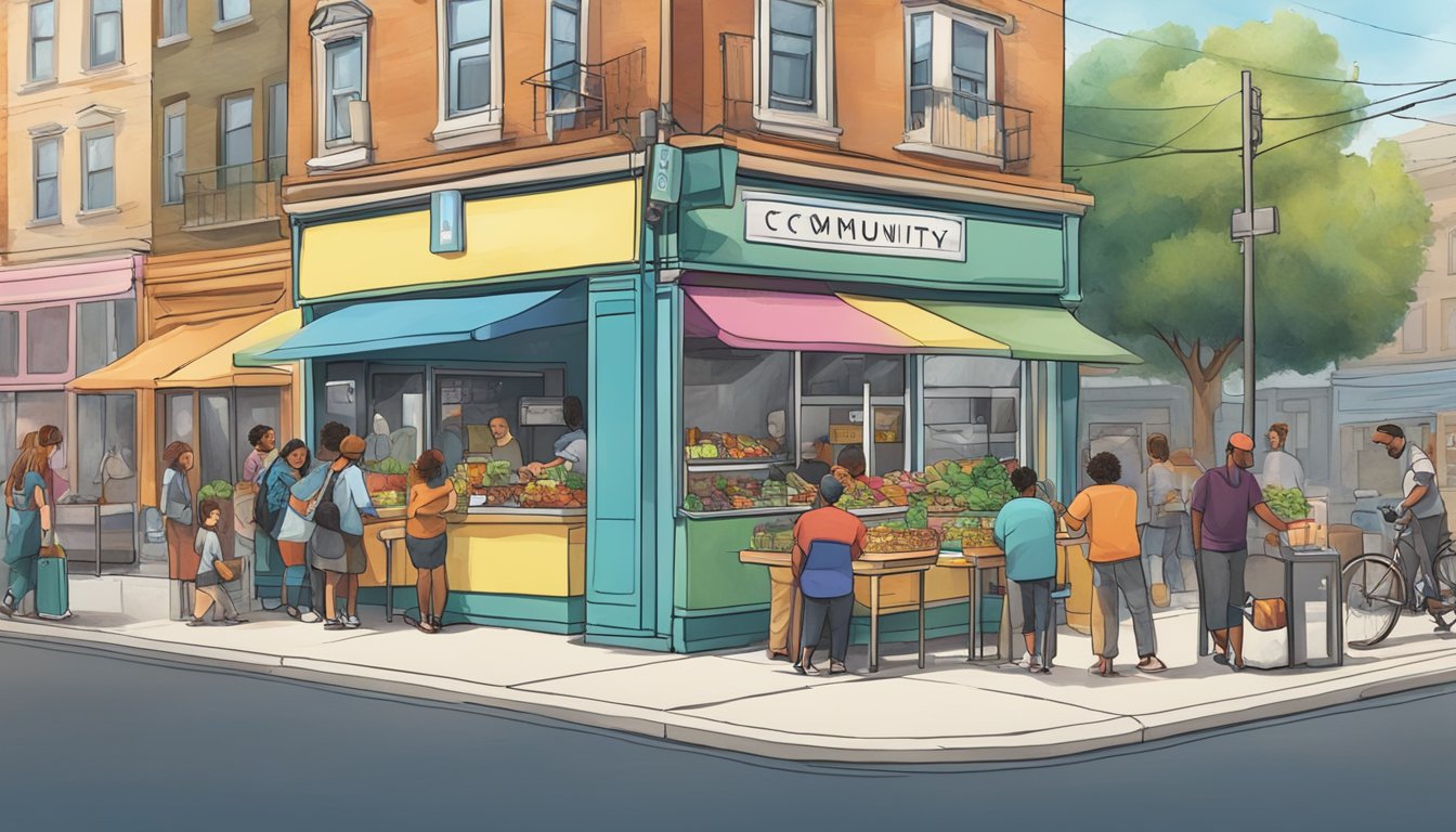 A bustling street corner with a colorful community fridge surrounded by people exchanging food and sharing stories