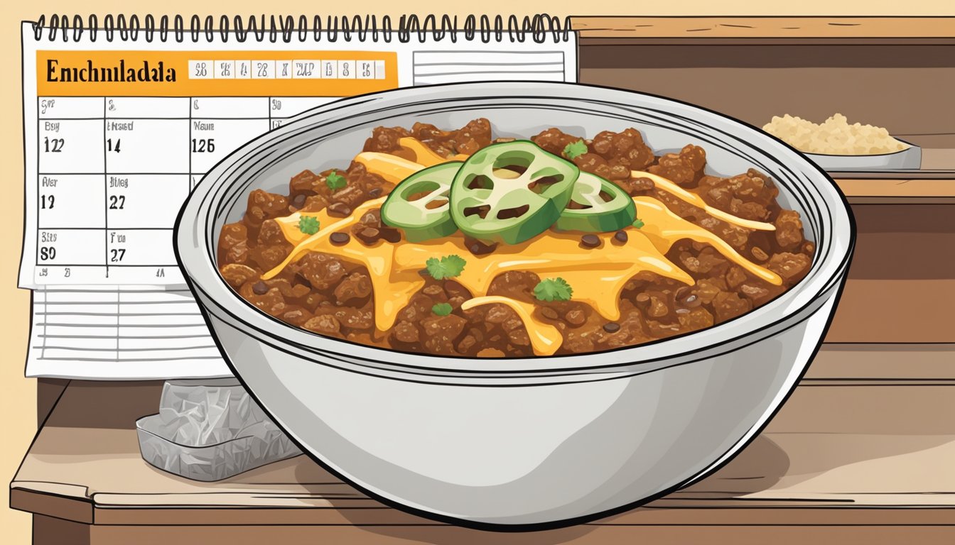 A beef enchilada bowl sits on a shelf with a calendar showing expiration dates and spoilage indicators