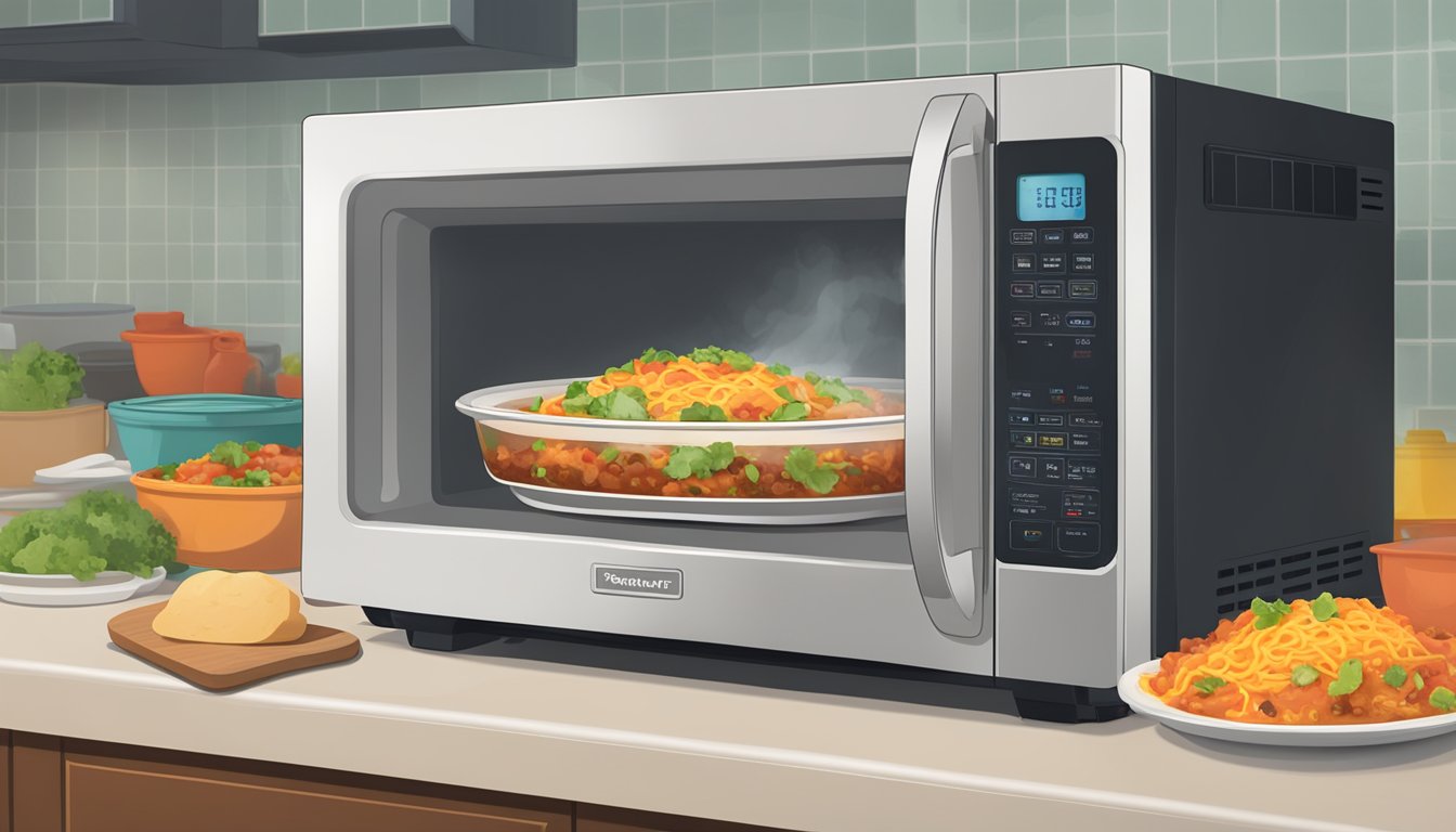 A microwave with a beef enchilada bowl inside, steam rising, a timer set for reheating