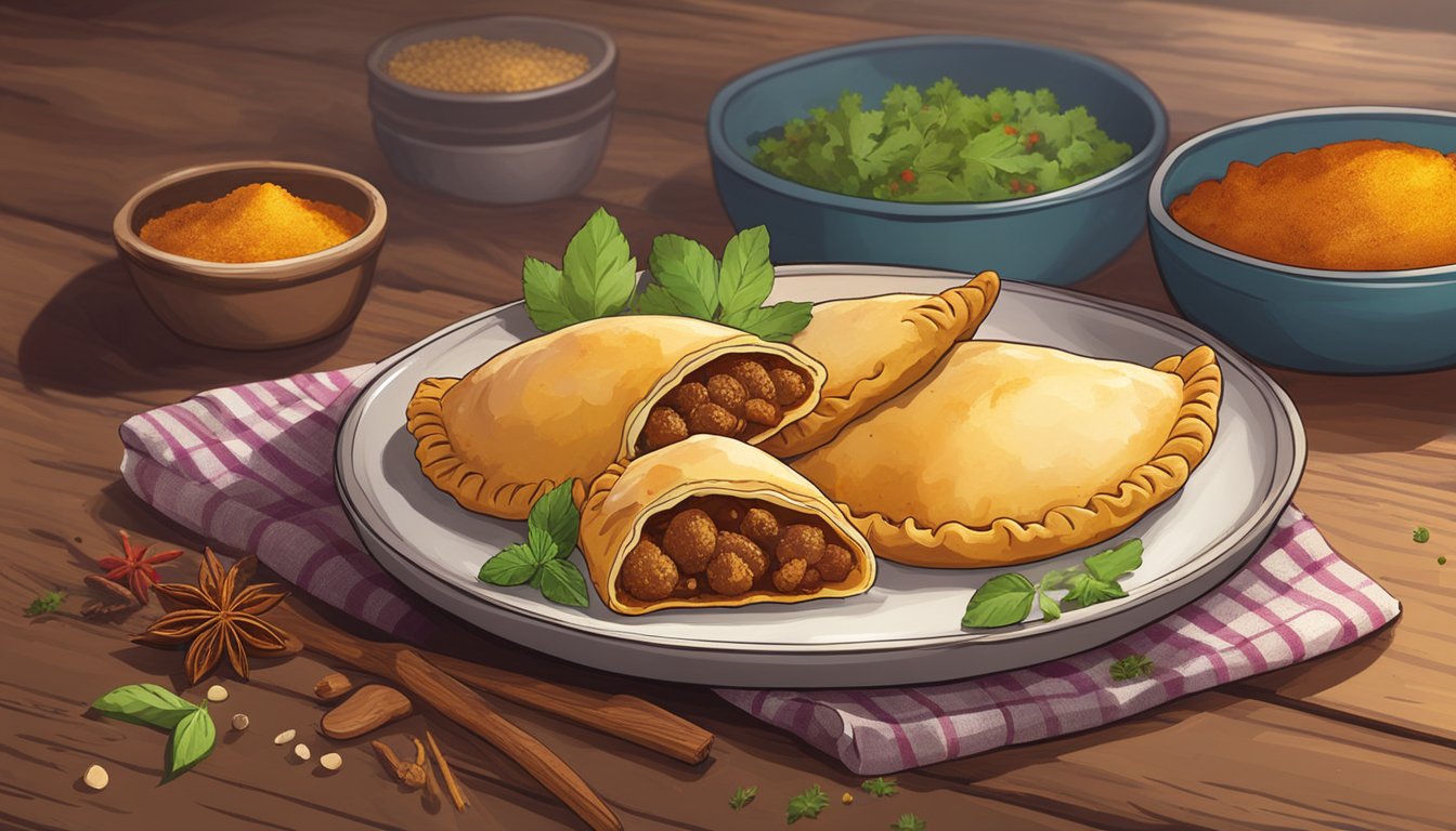 A plate of beef empanadas sits on a rustic wooden table, surrounded by colorful spices and herbs. A faint steam rises from the flaky, golden-brown crusts