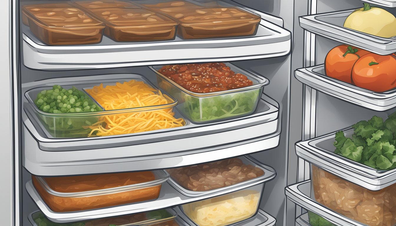 A fully stocked refrigerator with labeled containers of beef enchilada bowls, fresh ingredients, and a clear expiration date marked on each container