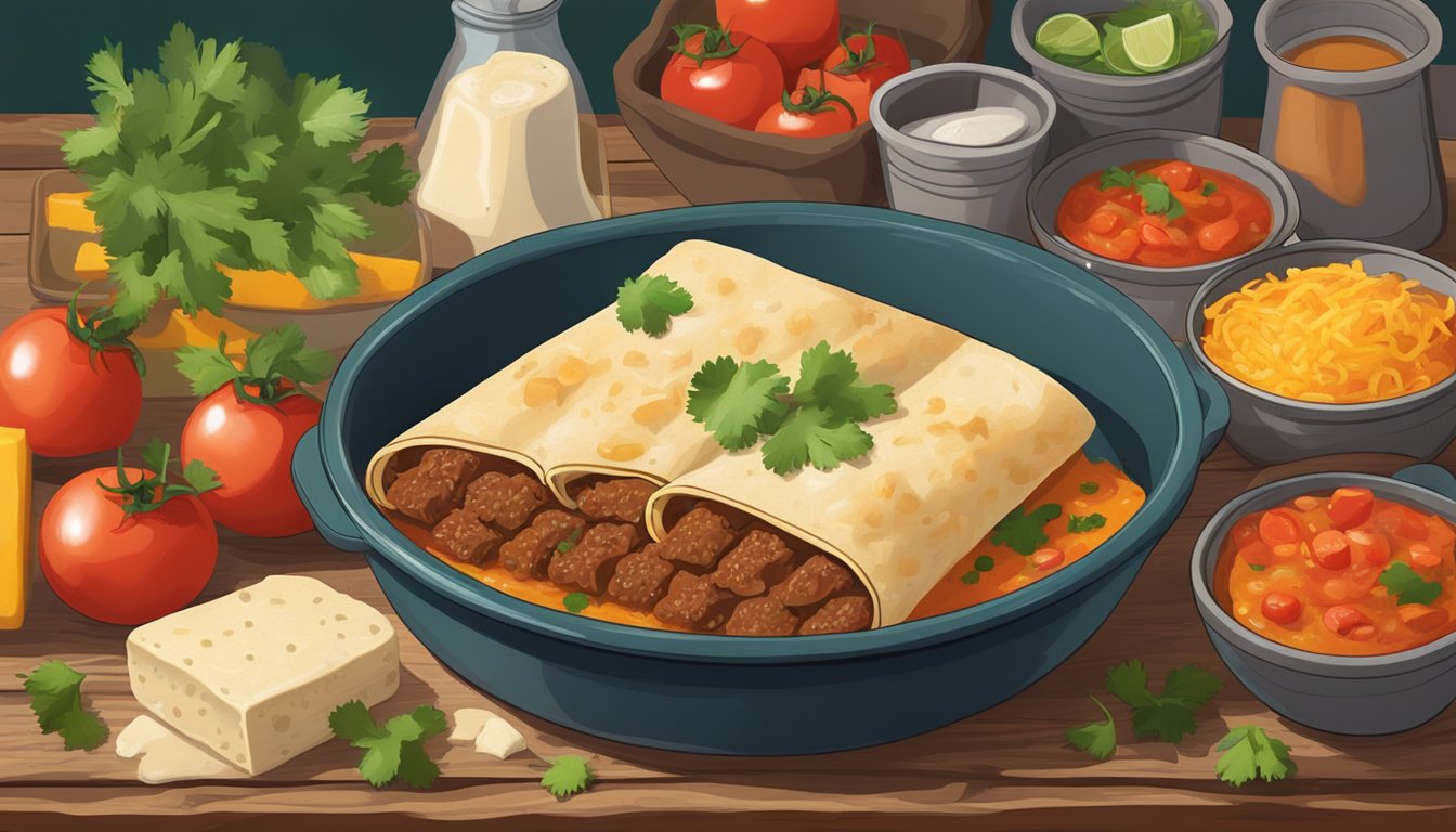 A steaming bowl of beef enchiladas sits on a rustic wooden table, surrounded by vibrant ingredients like tomatoes, cilantro, and cheese. A colorful Mexican blanket is draped in the background