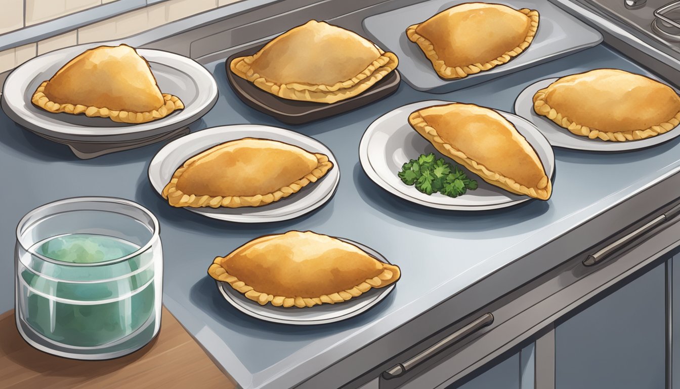 A plate of beef empanadas sits on a counter, slowly thawing from their frozen state